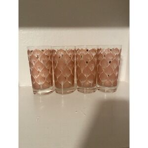 Vintage MCM Fred Press Glass Tumbler Set Of Four Pink And Gold High Ball Glasses